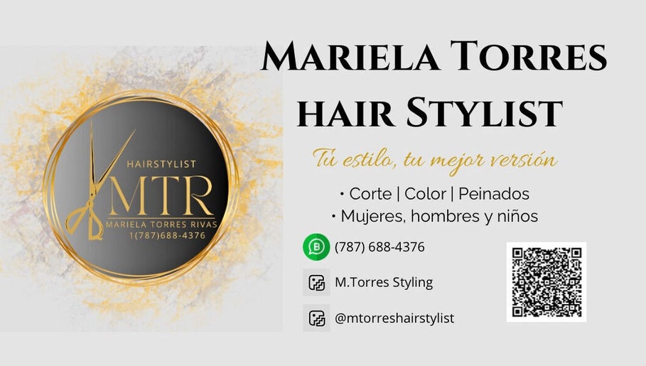 Tarjeta de presentación de Mariela Torres Hair Stylist en Dunamis Salón & SPA, San Juan, San Juan, PR.