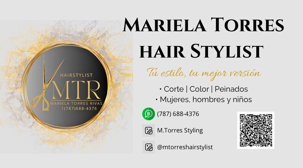 Tarjeta de presentación de Mariela Torres Hair Stylist en Dunamis Salón & SPA, San Juan, San Juan, PR.