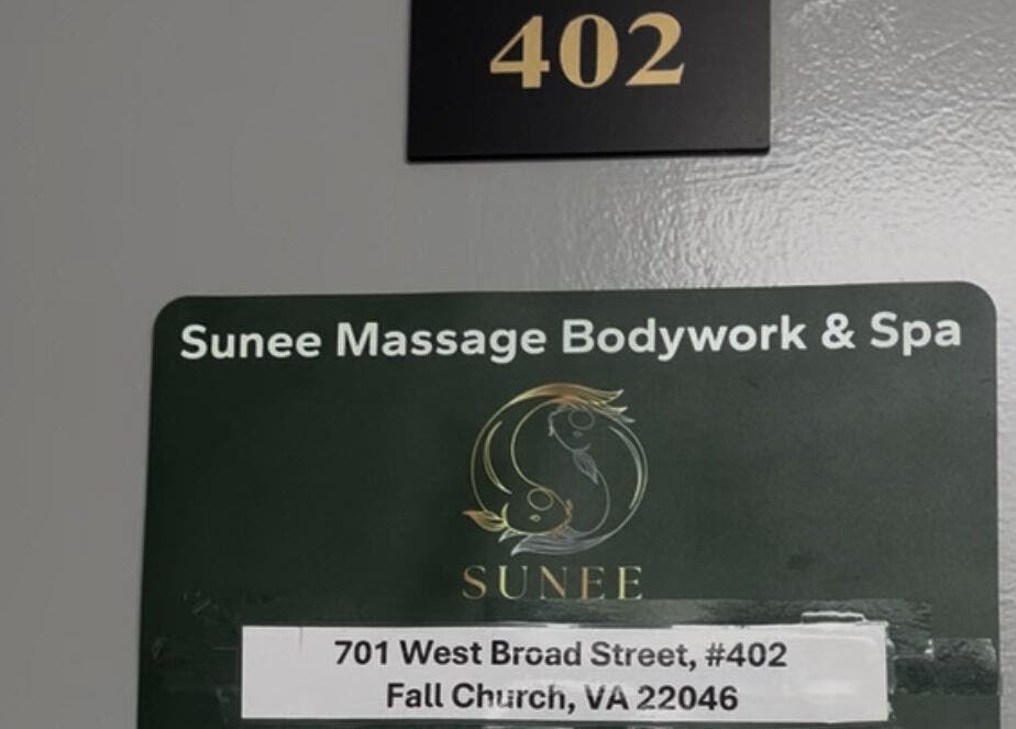 Entrance sign for Sunee Massage Bodywork and Spa LLC located at Falls Church, Virginia, US.