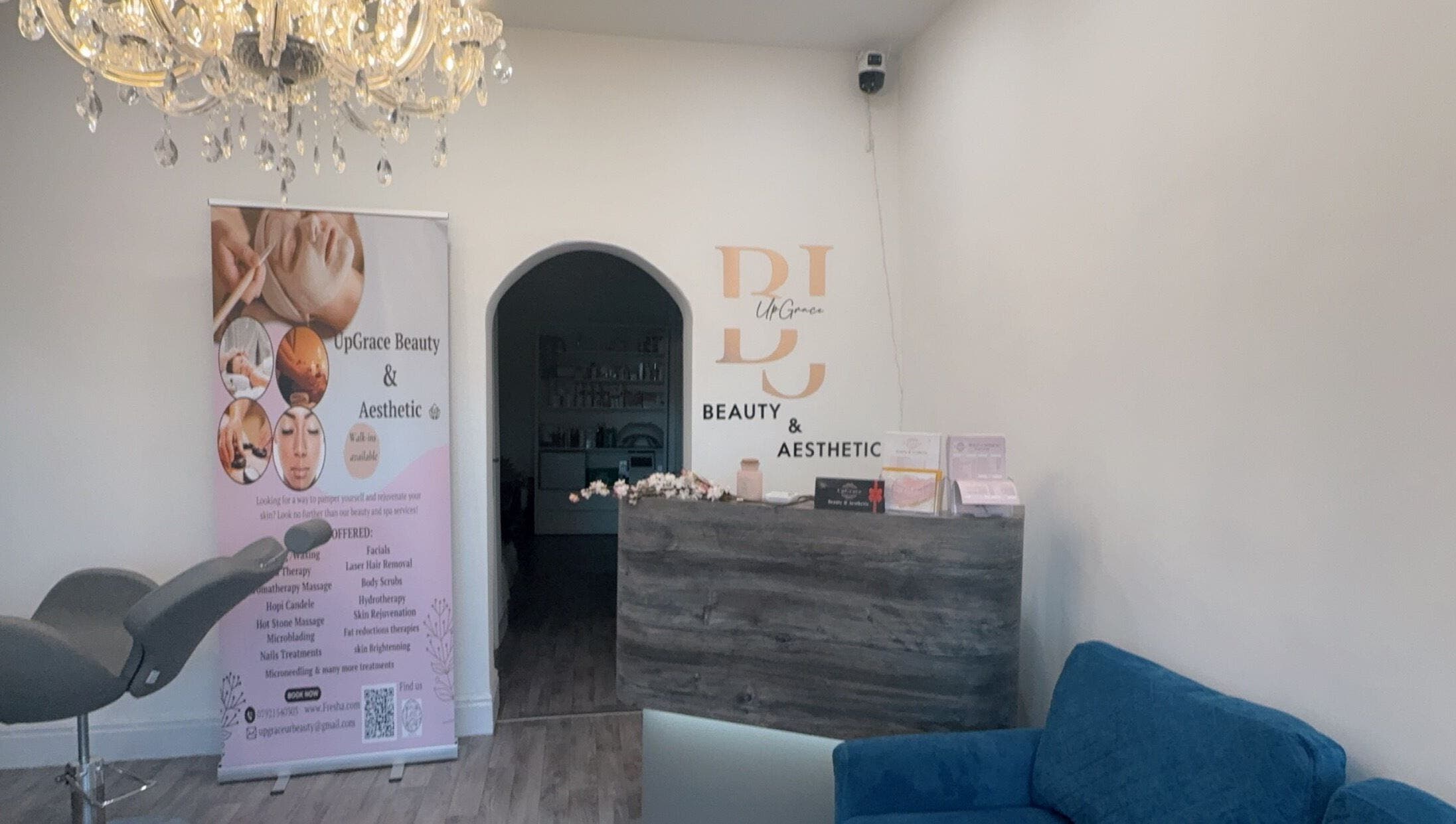 Elegant interior of UpGrace Beauty/Aesthetics in Wolverhampton, England, GB with a chic reception area.