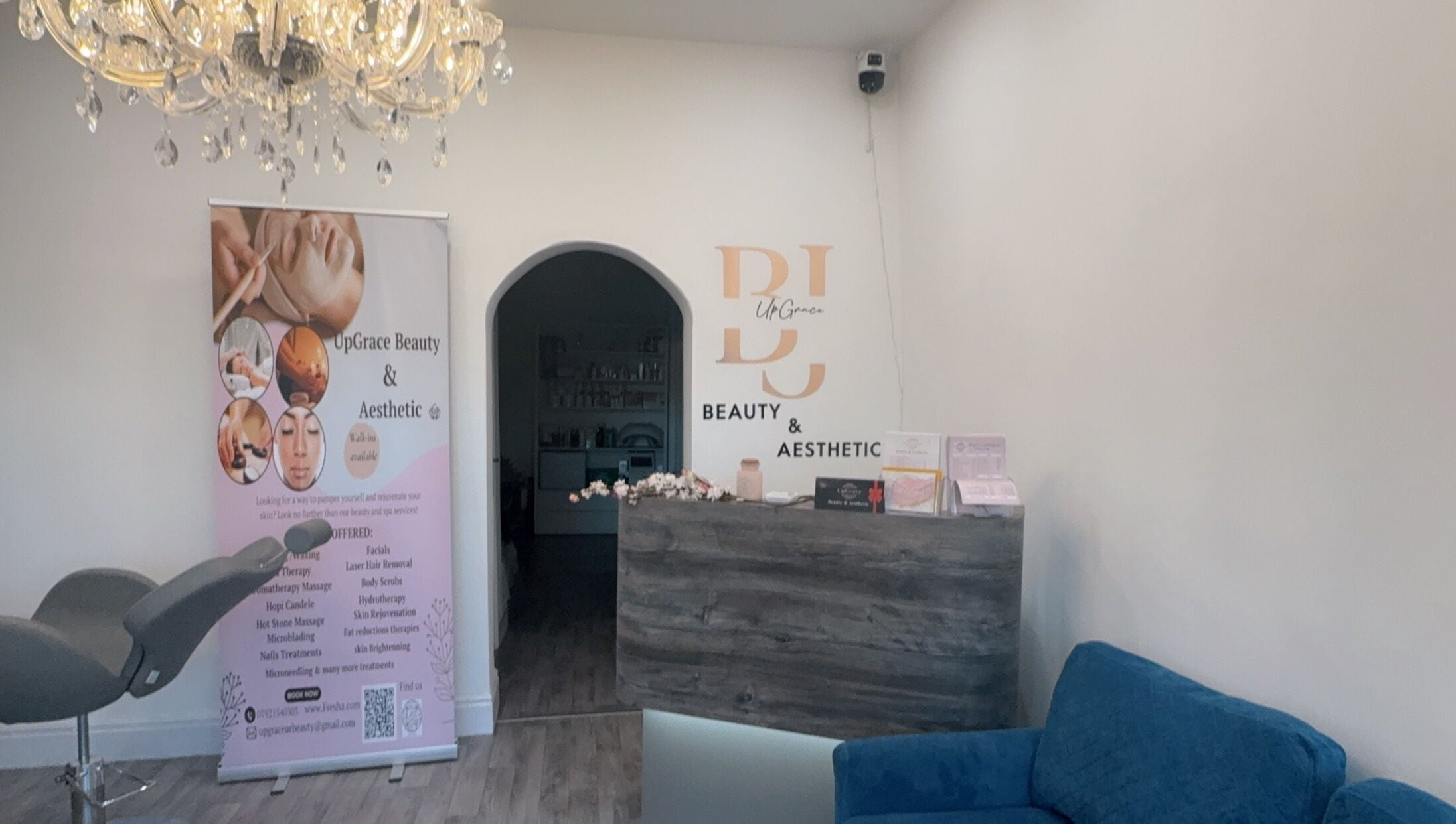 Elegant interior of UpGrace Beauty/Aesthetics in Wolverhampton, England, GB with a chic reception area.