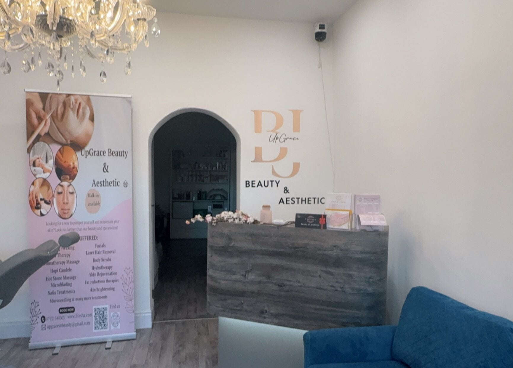 Elegant interior of UpGrace Beauty/Aesthetics in Wolverhampton, England, GB with a chic reception area.