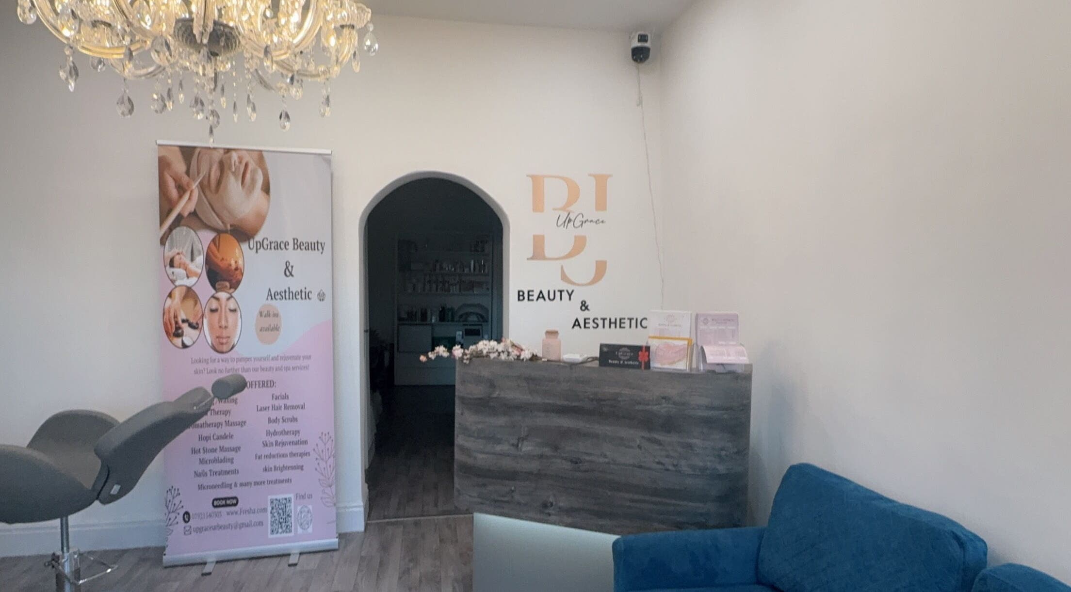 Elegant interior of UpGrace Beauty/Aesthetics in Wolverhampton, England, GB with a chic reception area.