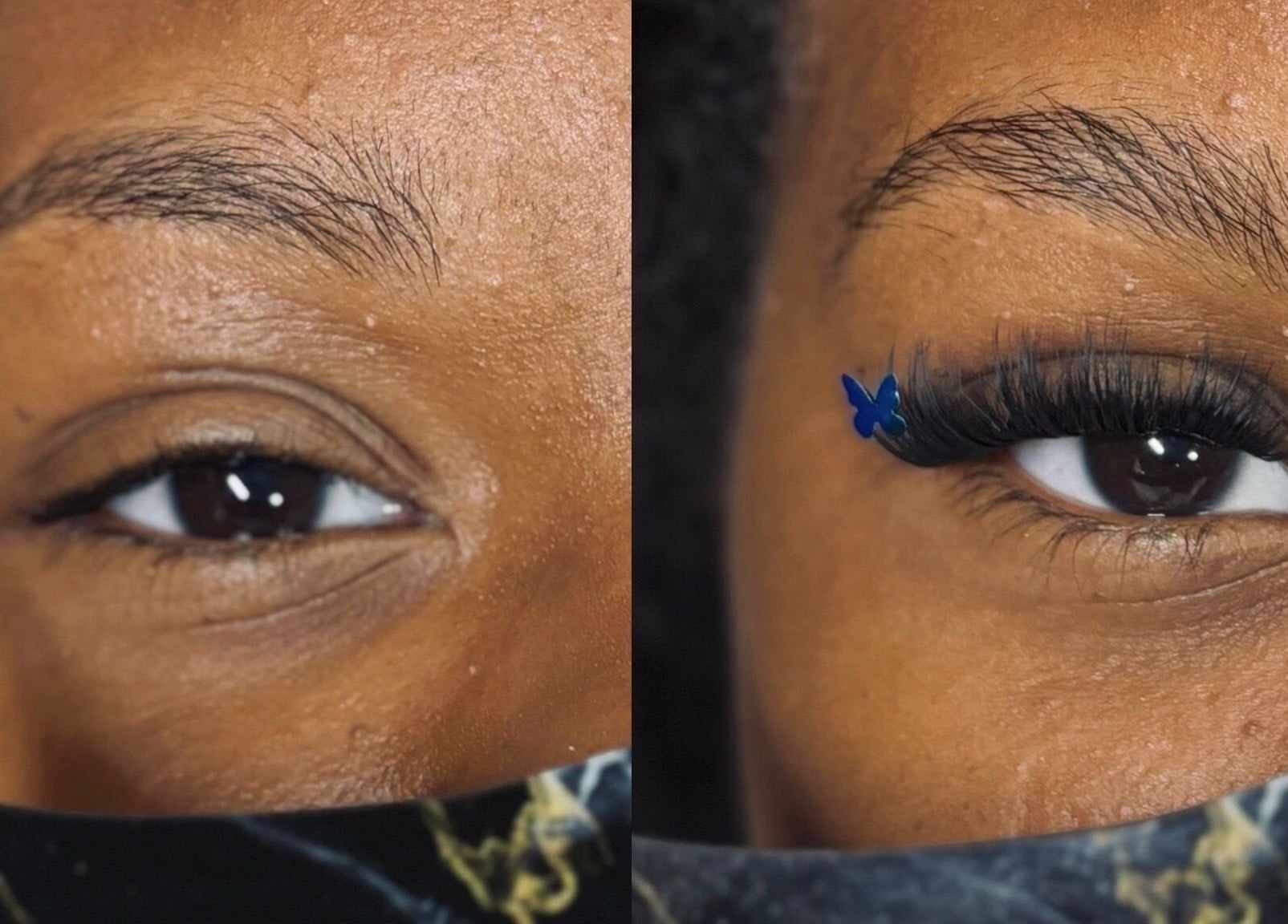 Side-by-side image of eye with and without lash extensions at Enchanted Beauty Haven, Muncie, Indiana, US.