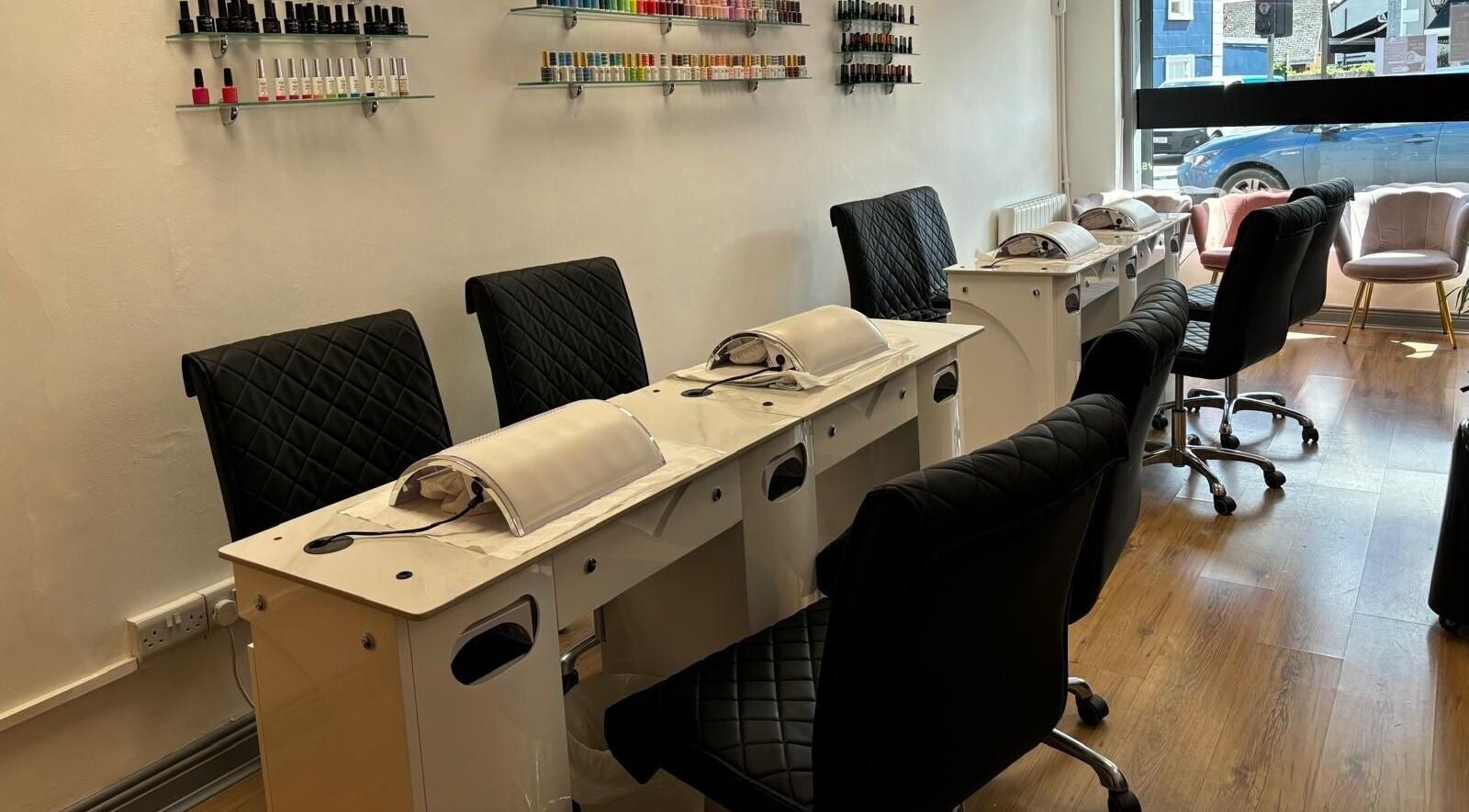 Elegant nail stations at Bossy Nails and Beauty Spa, Ennis, County Clare, IE, showcasing a modern, inviting ambiance.