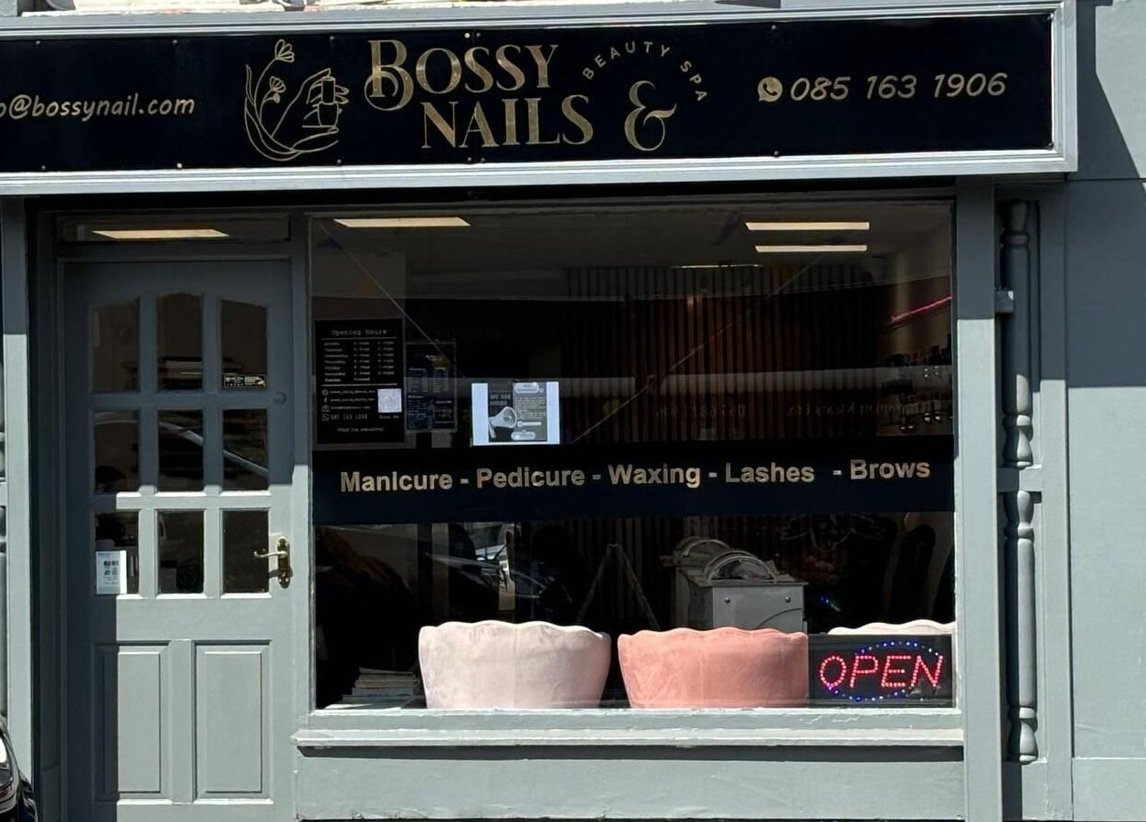 Front view of Bossy Nails and Beauty Spa in Ennis, County Clare, IE, showcasing services like manicures and waxing.