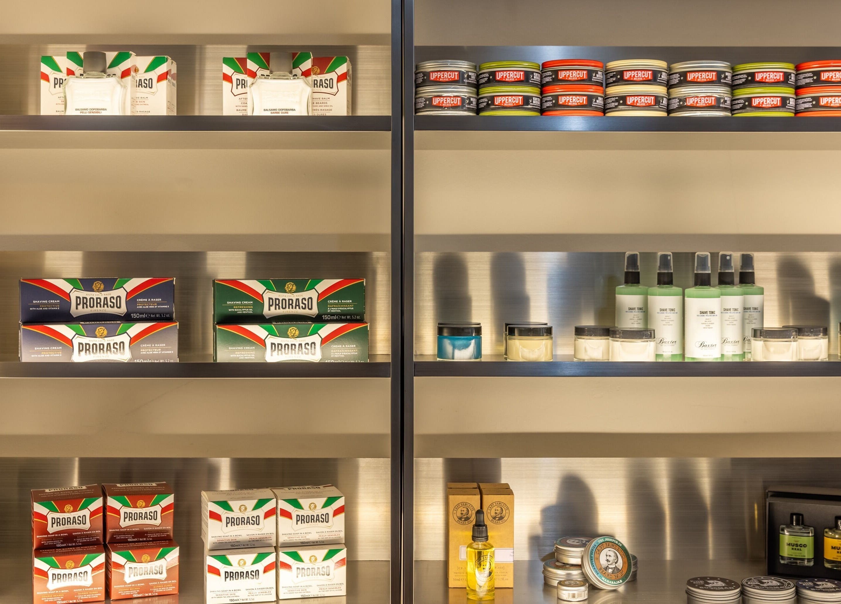 Shelves with grooming products at Uptown Barbers The Rocks, The Rocks, New South Wales, AU.