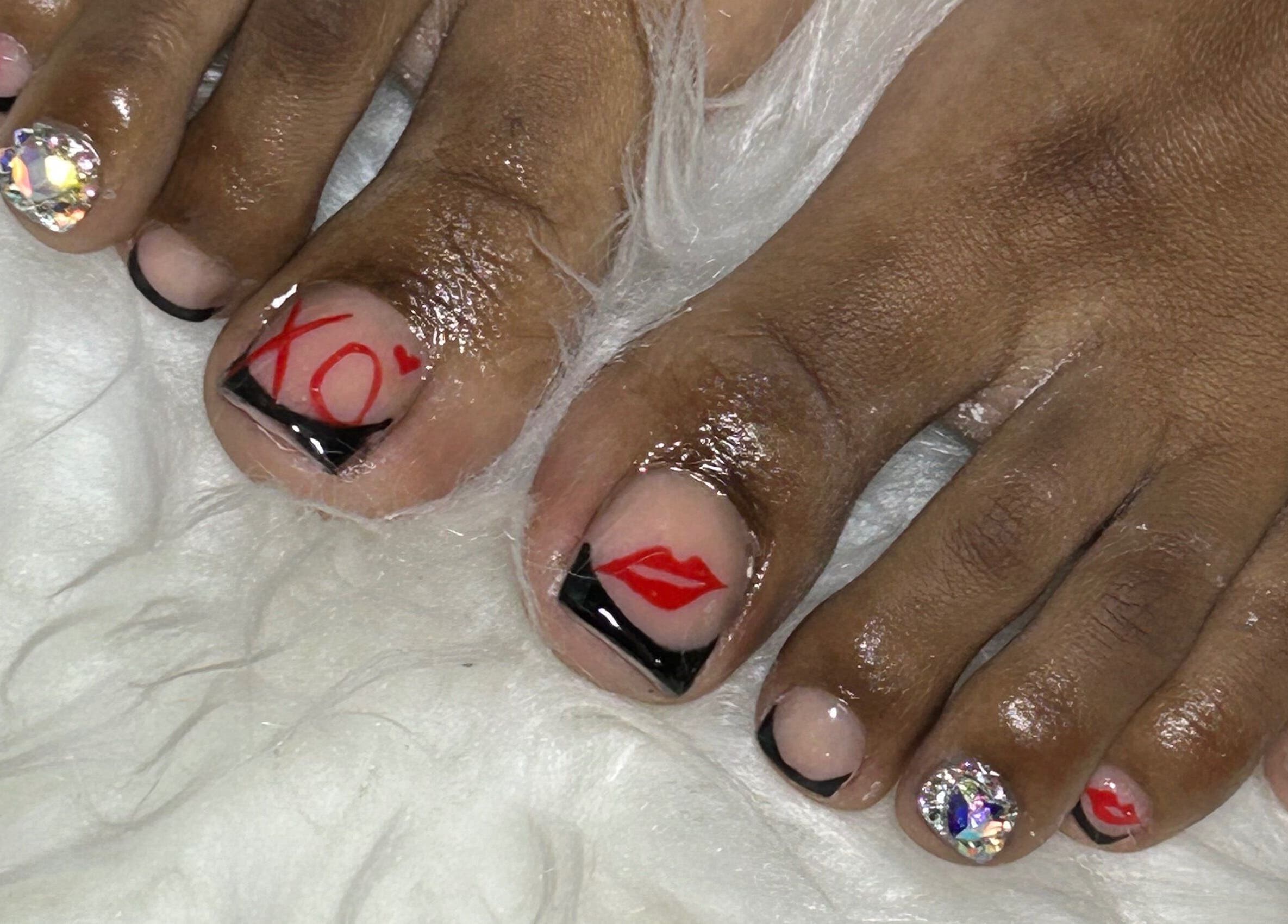 Stylish toenail art with rhinestones at Becs Beauty Lab, Nassau, New Providence, BS.