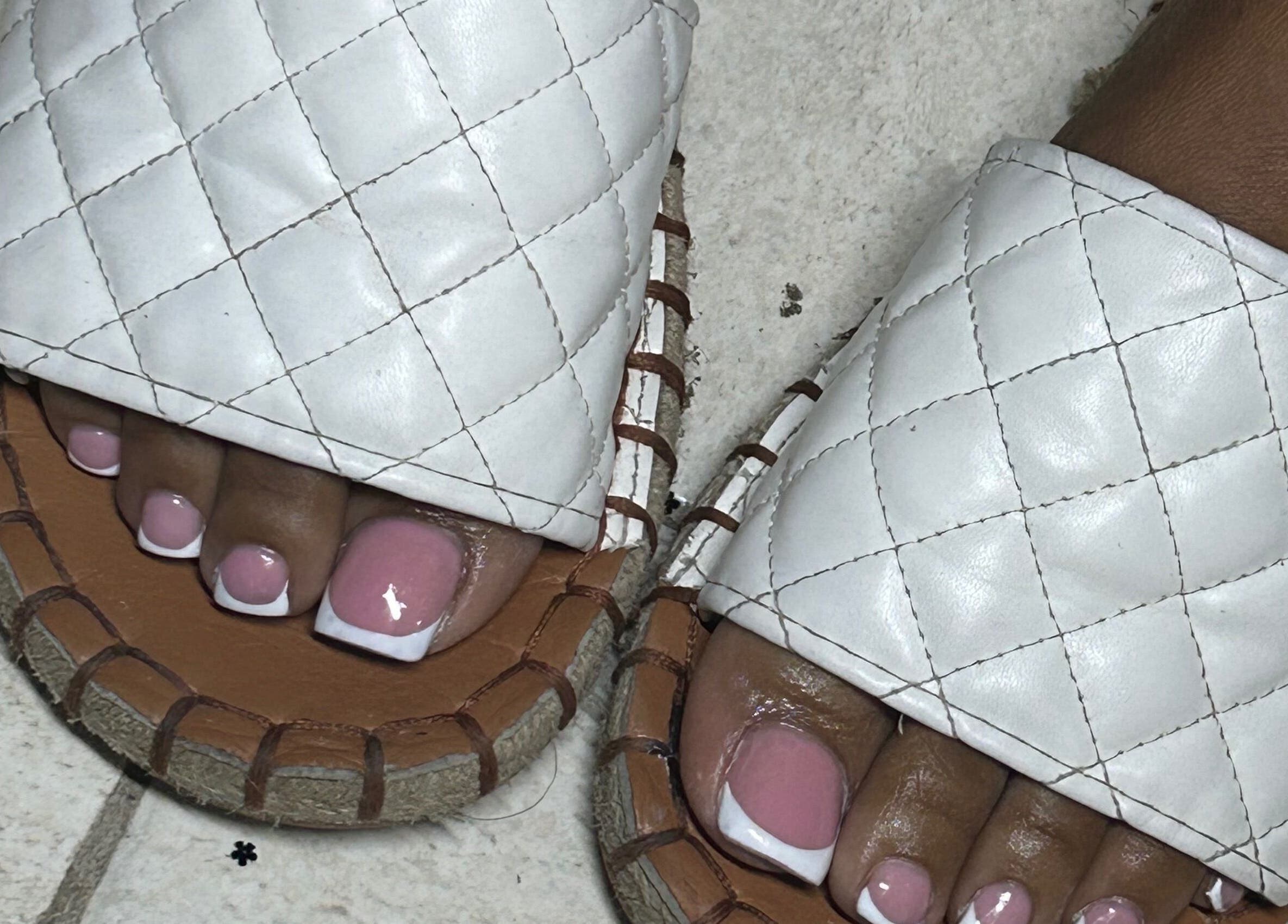 Elegant pedicure with white slides at Becs Beauty Lab, Nassau, New Providence, BS.