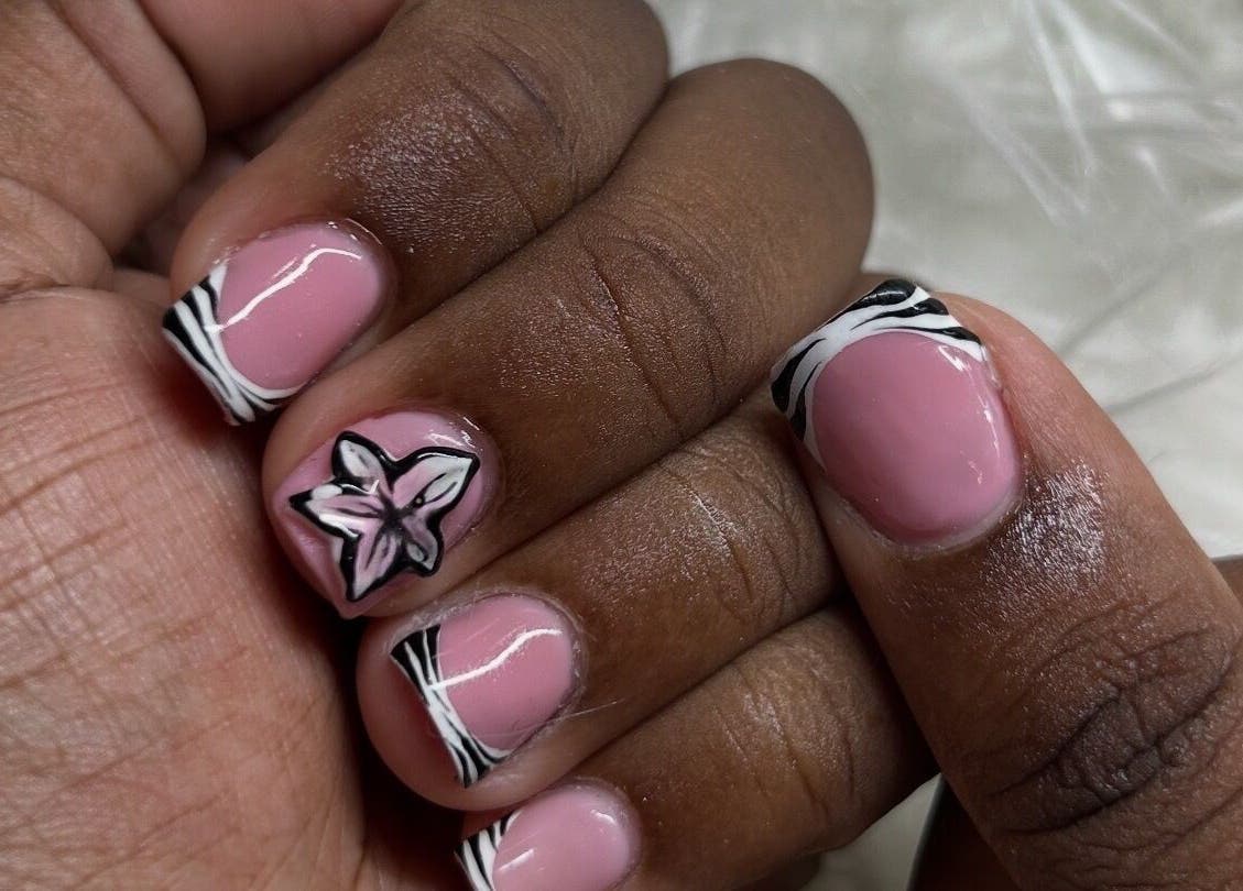 Intricate pink and black nail art at Becs Beauty Lab, Nassau, New Providence, BS.