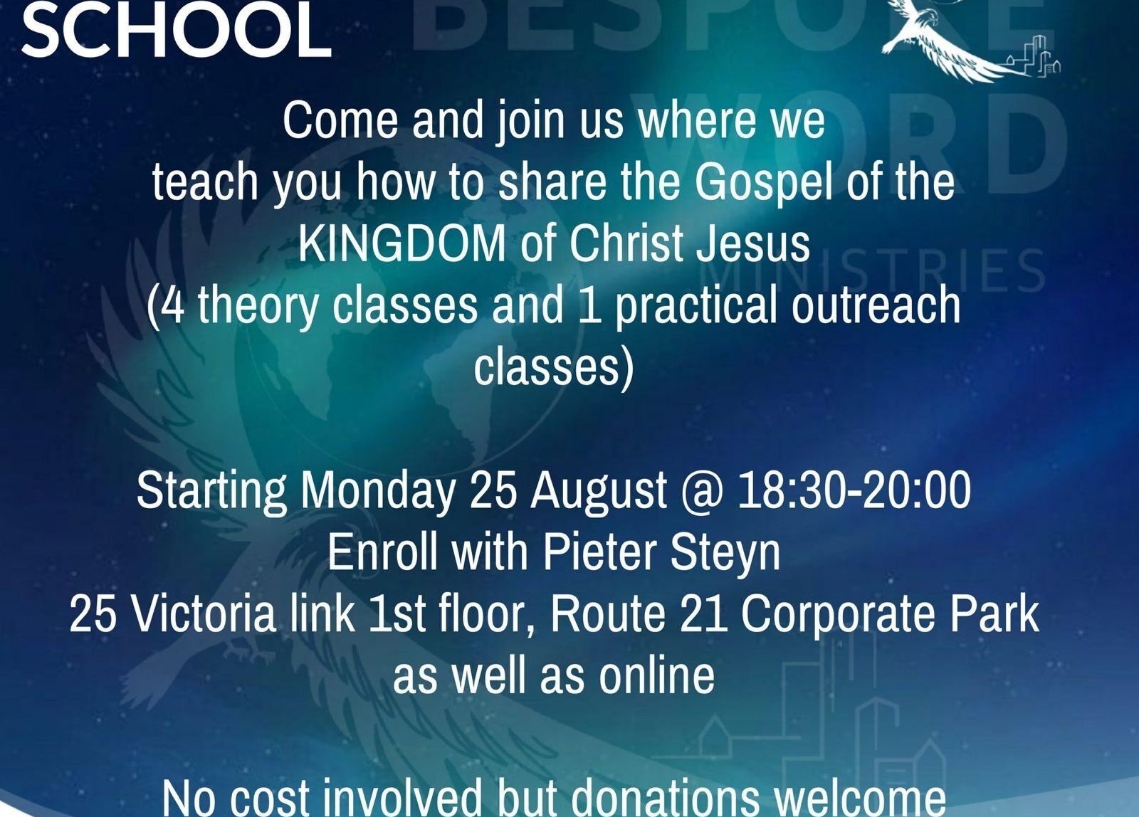Join the Gospel workshop at Bespoke Word Counseling, Centurion, Gauteng, ZA, starting 25 August.