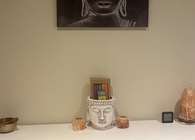 Calming meditation area with Buddha decor at Beauty at the Grove, Rayleigh, England, GB.