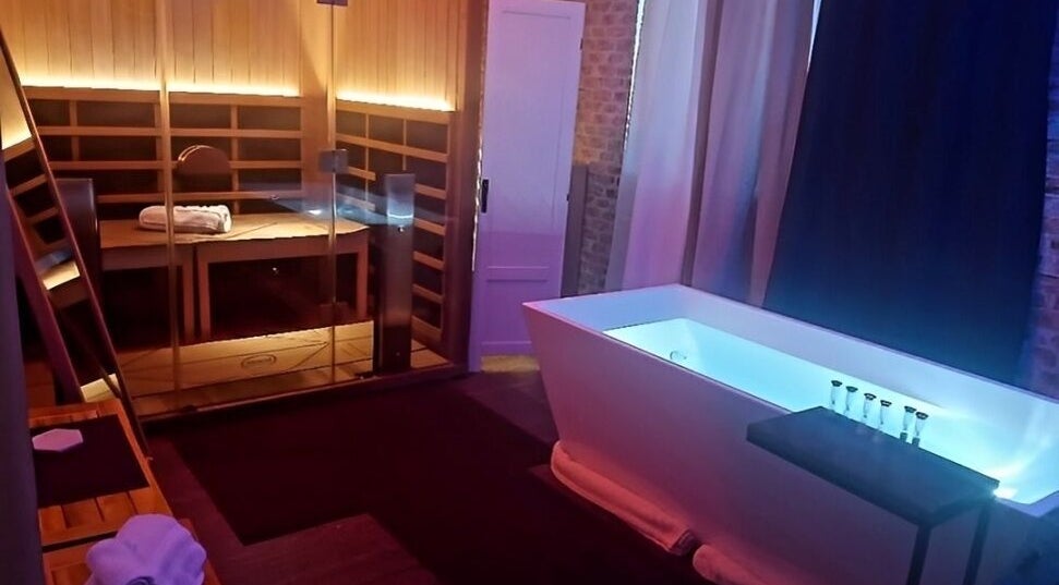 Luxurious spa room with sauna and float tub at Chesterton Mamabear Massage & Float, Chesterton, Indiana, US.