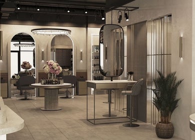 Chic interior of Agapi Mou Beauty World in Yerevan, showcasing elegant decor and styling stations.