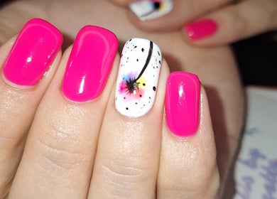 Bright pink and floral nail art at Nails by Lizette, Bloemfontein, Free State, ZA.