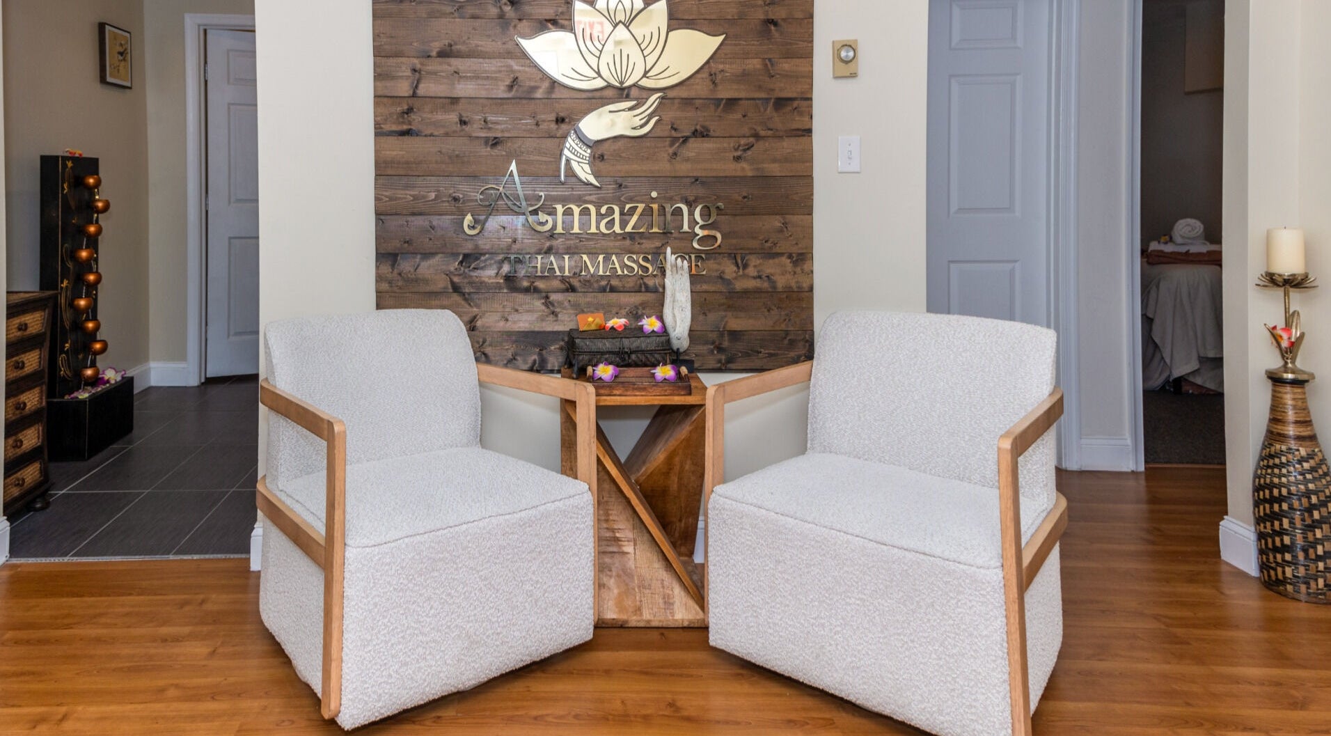Cozy seating area at Amazing Thai Massage Annapolis, Maryland, US, featuring elegant decor and tranquil ambiance.