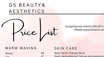 Price list for GS Beauty & Aesthetics - Mobile Only Local to NG4, Netherfield, England, GB, featuring waxing and skincare.