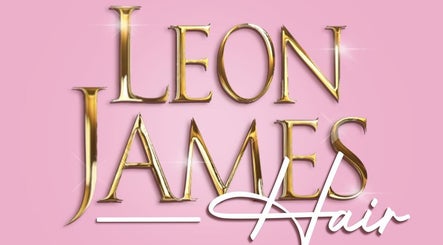 Leon James Hair logo in gold and white on a pink background, Sarisbury Green, England, GB.