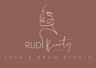 Elegant line art logo of Rudi Beauty Studio in Randburg, Gauteng, ZA, showcasing lash and brow aesthetics.