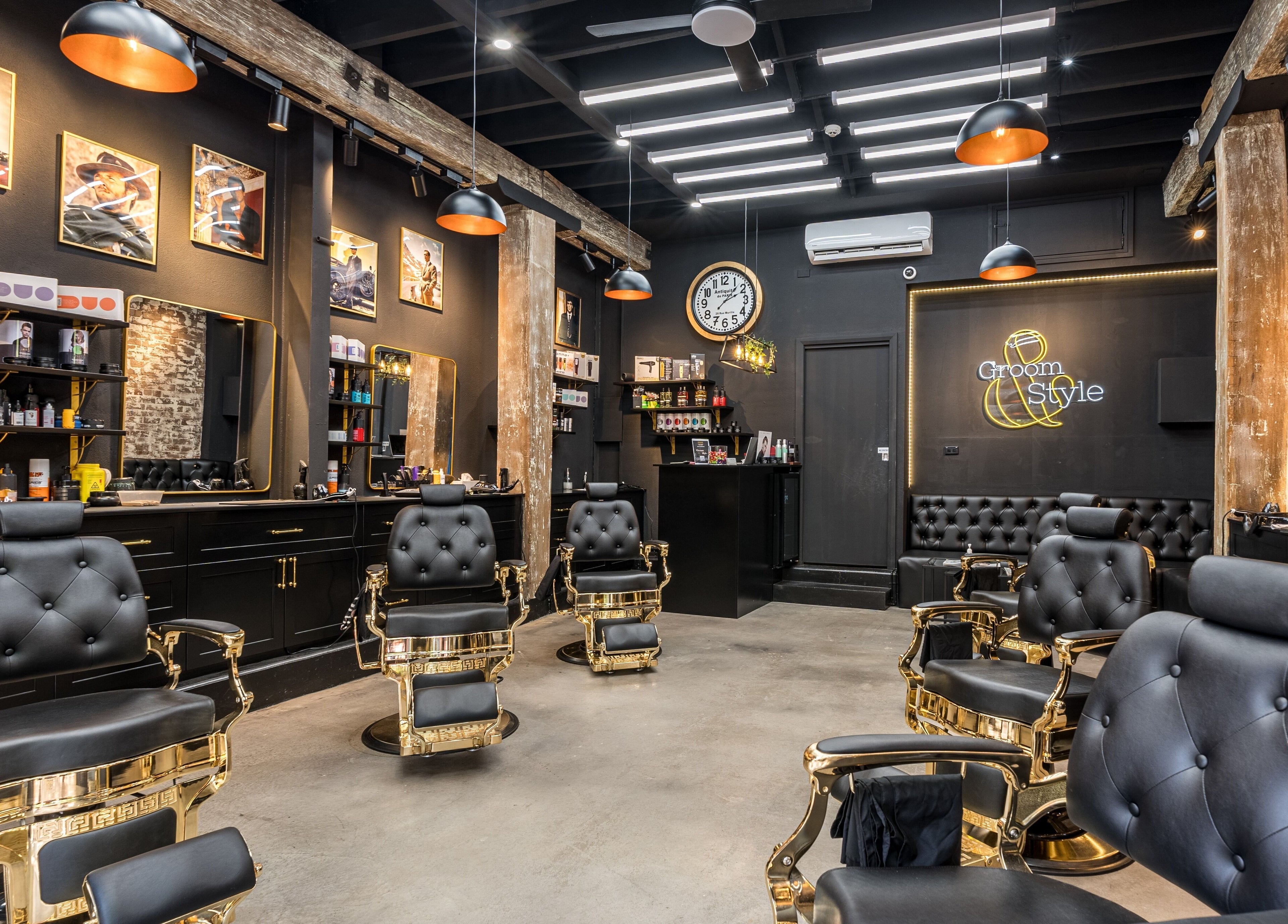 Elegant interior of Groom & Style Barber Shop in Waterloo, New South Wales, AU with luxurious barber chairs.