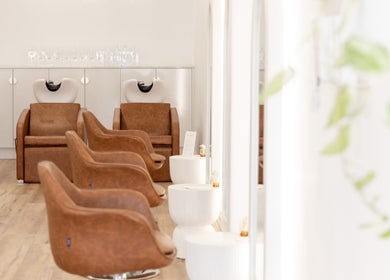 Stylish hair salon chairs at Flourish Eco Hair, Mount Lawley, Western Australia, AU.