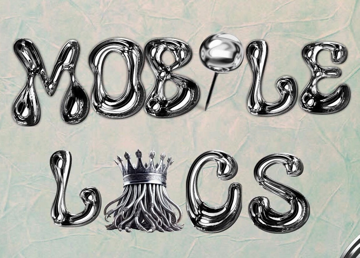Metallic text logo of Mobile Locs in Nassau, New Providence, BS with a crown design.