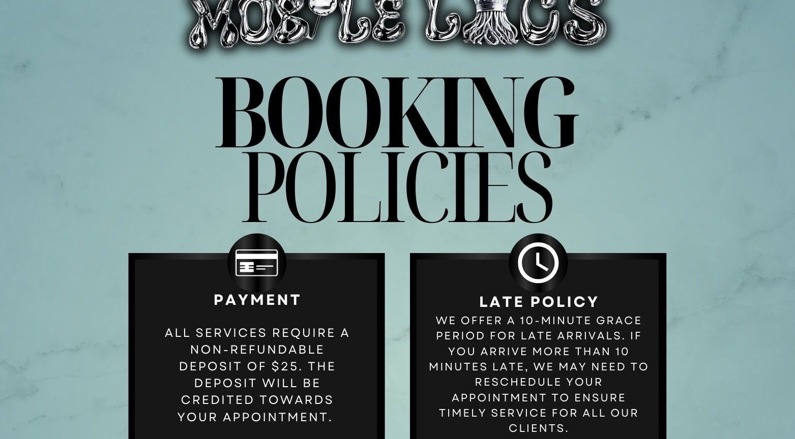 Mobile Locs booking policies, detailing payment and late policy in Nassau, New Providence, BS.