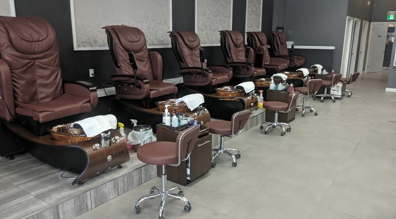 Nail Biters Salon's luxurious pedicure chairs in London, Ontario, CA, offering a calming atmosphere for relaxation.