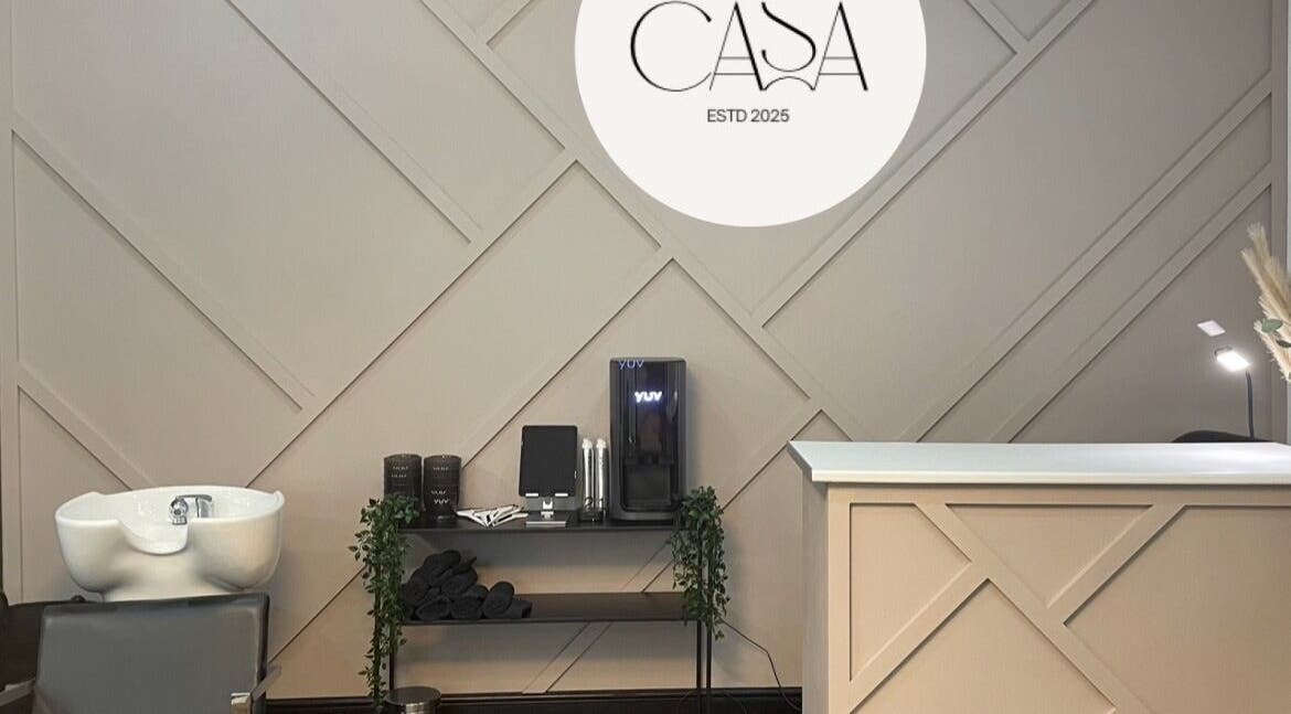 The Hair Casa reception area in Warrington, England, GB. Features stylish design and modern decor.
