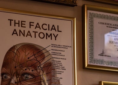 Facial anatomy and certification displayed at Abbigail Richards Hair, Makeup & Aesthetics in Reading, England, GB.