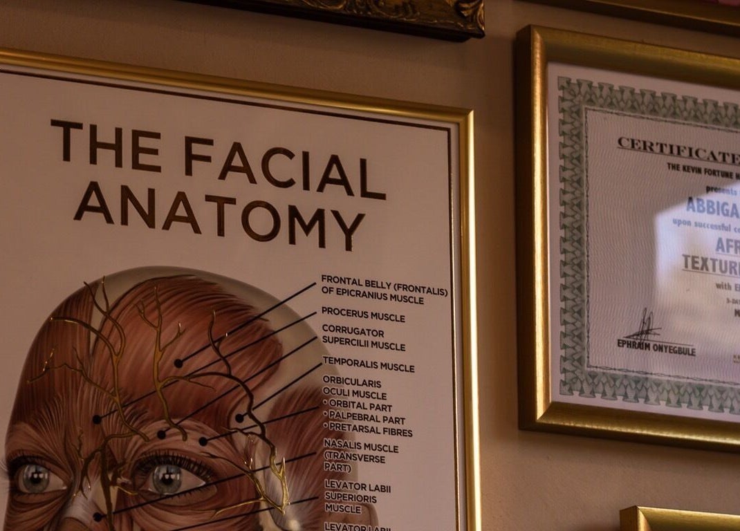 Facial anatomy and certification displayed at Abbigail Richards Hair, Makeup & Aesthetics in Reading, England, GB.
