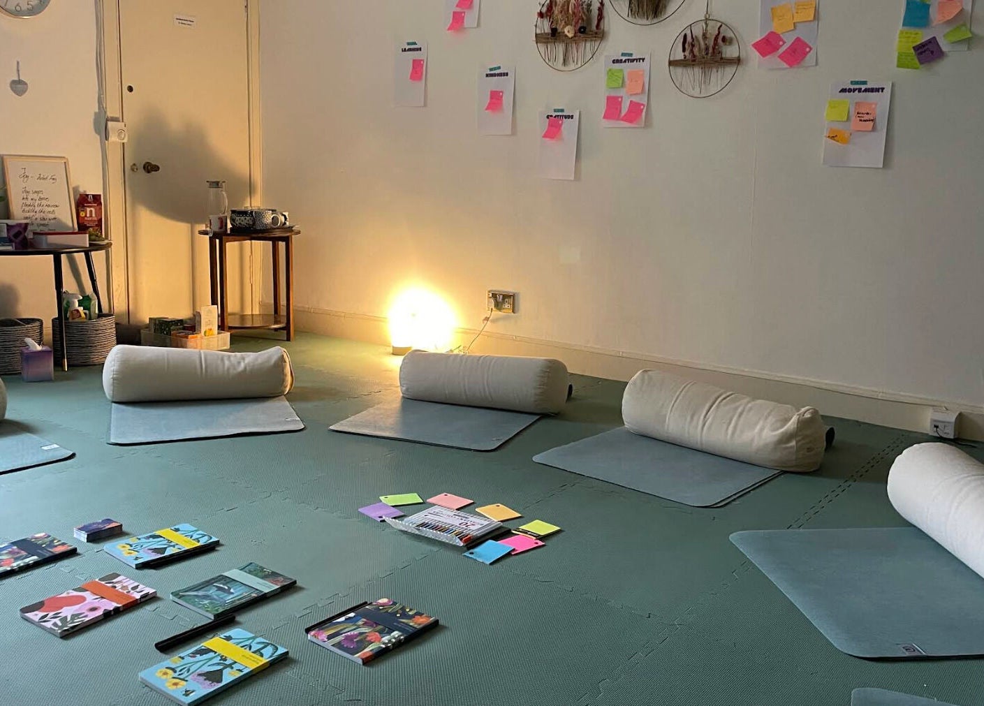 Calmer Being, Edinburgh, Scotland, GB offers a tranquil yoga space with mats and bolsters.