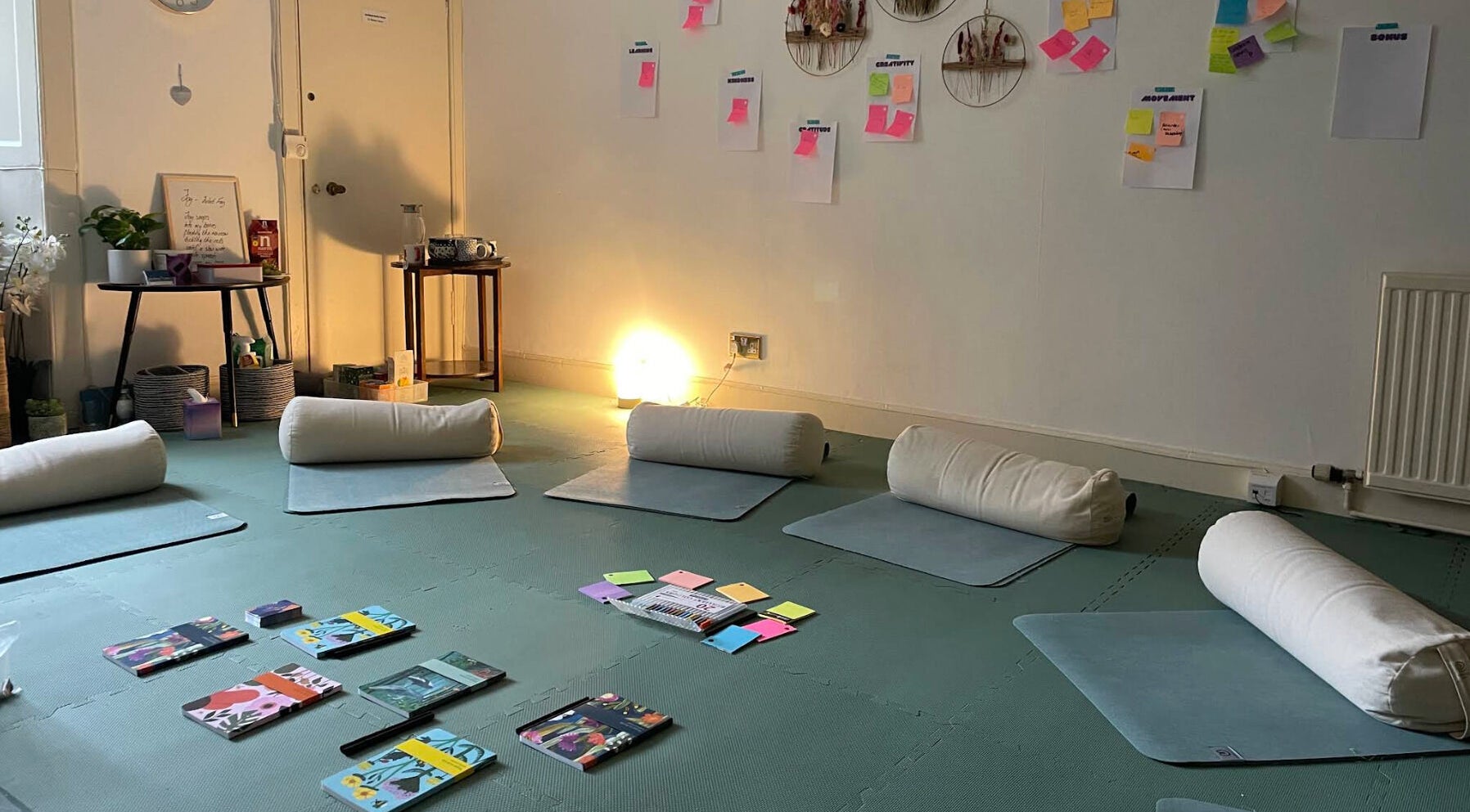 Calmer Being, Edinburgh, Scotland, GB offers a tranquil yoga space with mats and bolsters.
