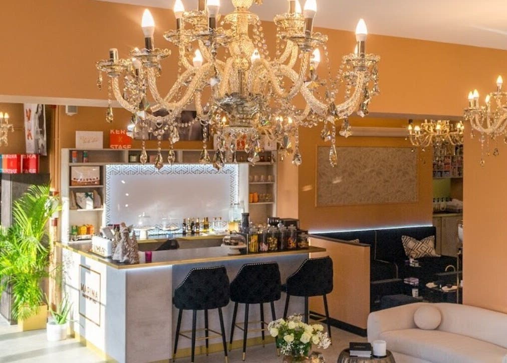 Elegant interior of Zen Aesthetics Mcr with chandeliers in Manchester, England, GB.