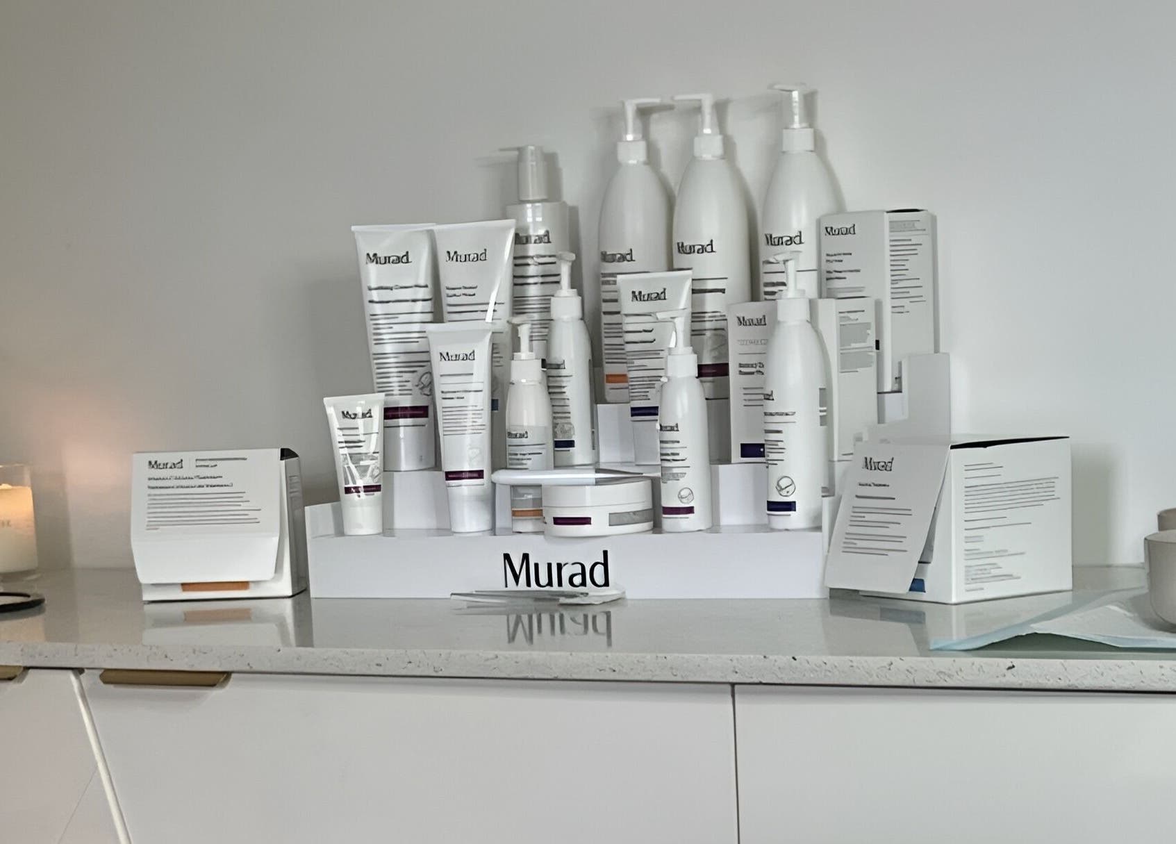 Murad skincare range at Bae Aesthetic Studio in Rothwell, Queensland, AU. Elegant and inviting beauty display.