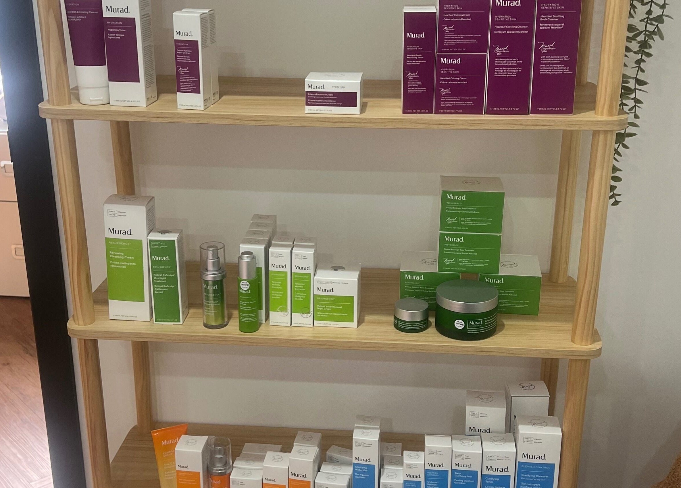 Bae Aesthetic Studio in Rothwell, Queensland, AU features a shelf with Murad skincare products.