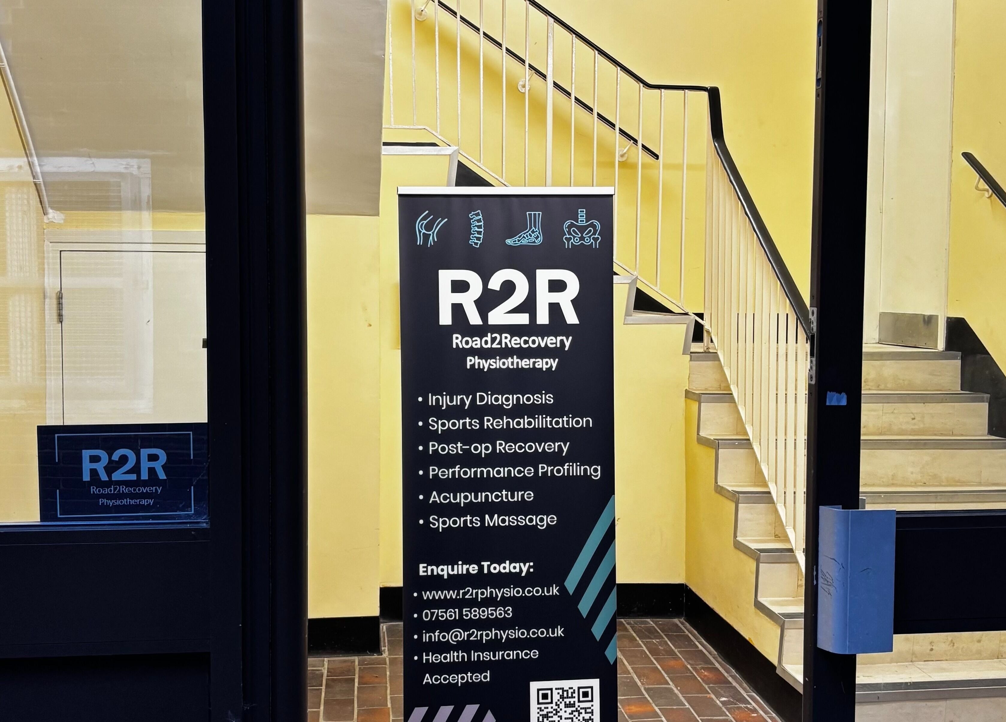 Entrance of R2R Physiotherapy Braintree showing a promotional display in Braintree, England, GB.