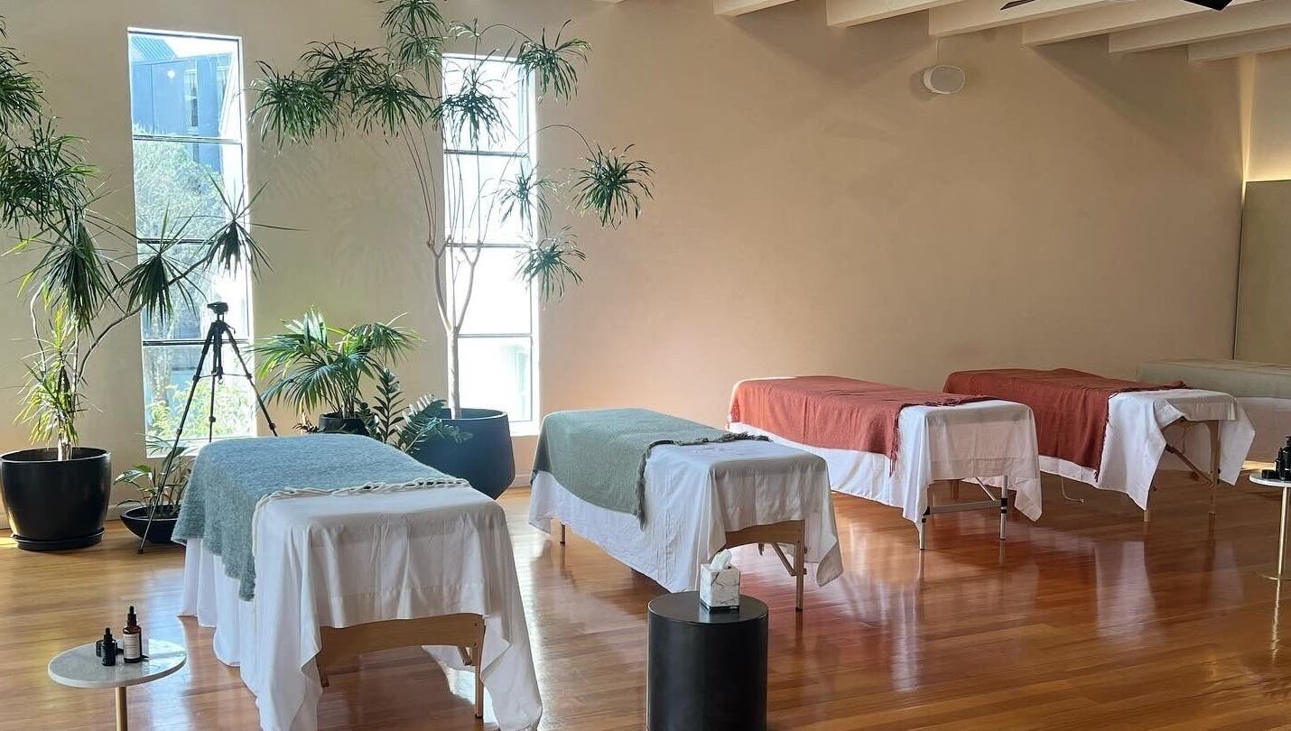 Peaceful massage room at Studio M, Horsham Downs, Waikato, NZ, with lush plants and natural light.
