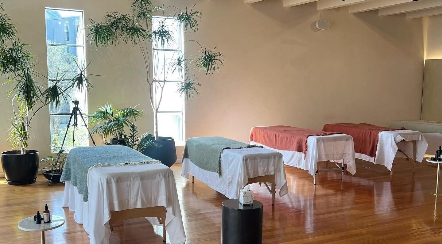 Peaceful massage room at Studio M, Horsham Downs, Waikato, NZ, with lush plants and natural light.