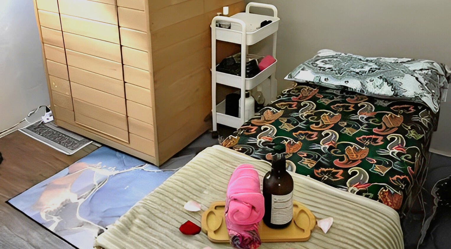 Tranquil treatment room at De Elvina Medispa, Muar, Johor, MY with cozy bed and spa essentials.