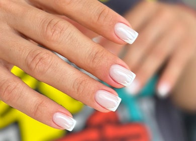 Elegant French manicure showcasing detailed nail art at KBB Beauty Bar, London, England, GB.