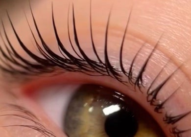 Close-up of beautifully enhanced eyelashes at KBB Beauty Bar, London, England, GB.