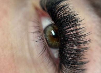 Close-up of expertly applied eyelash extensions at Bloom Lash Boutique, Harlow, England, GB.