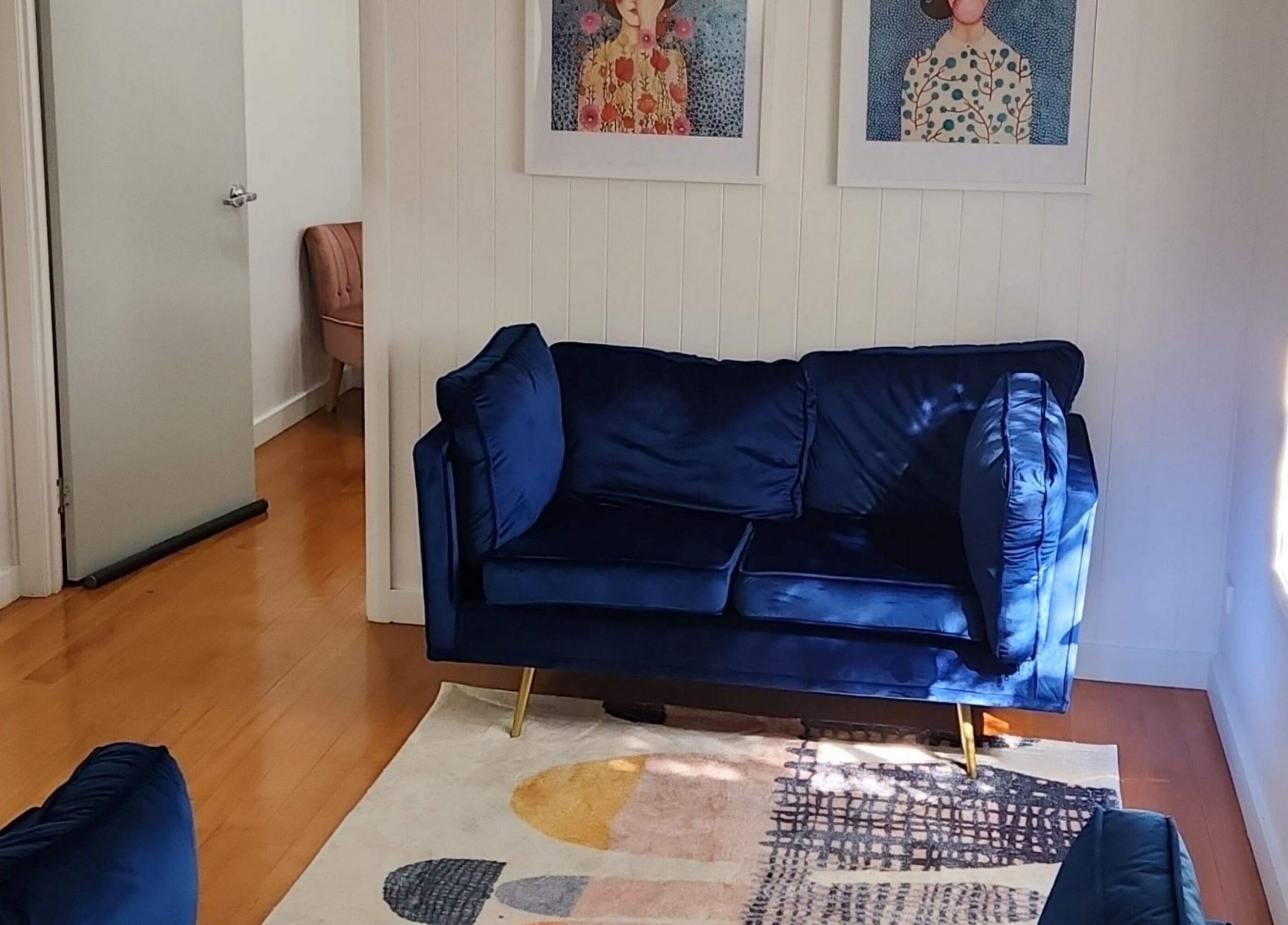 Comfortable blue velvet seating at The Aesthetic Studio Toowoomba, Toowoomba, Queensland, AU.