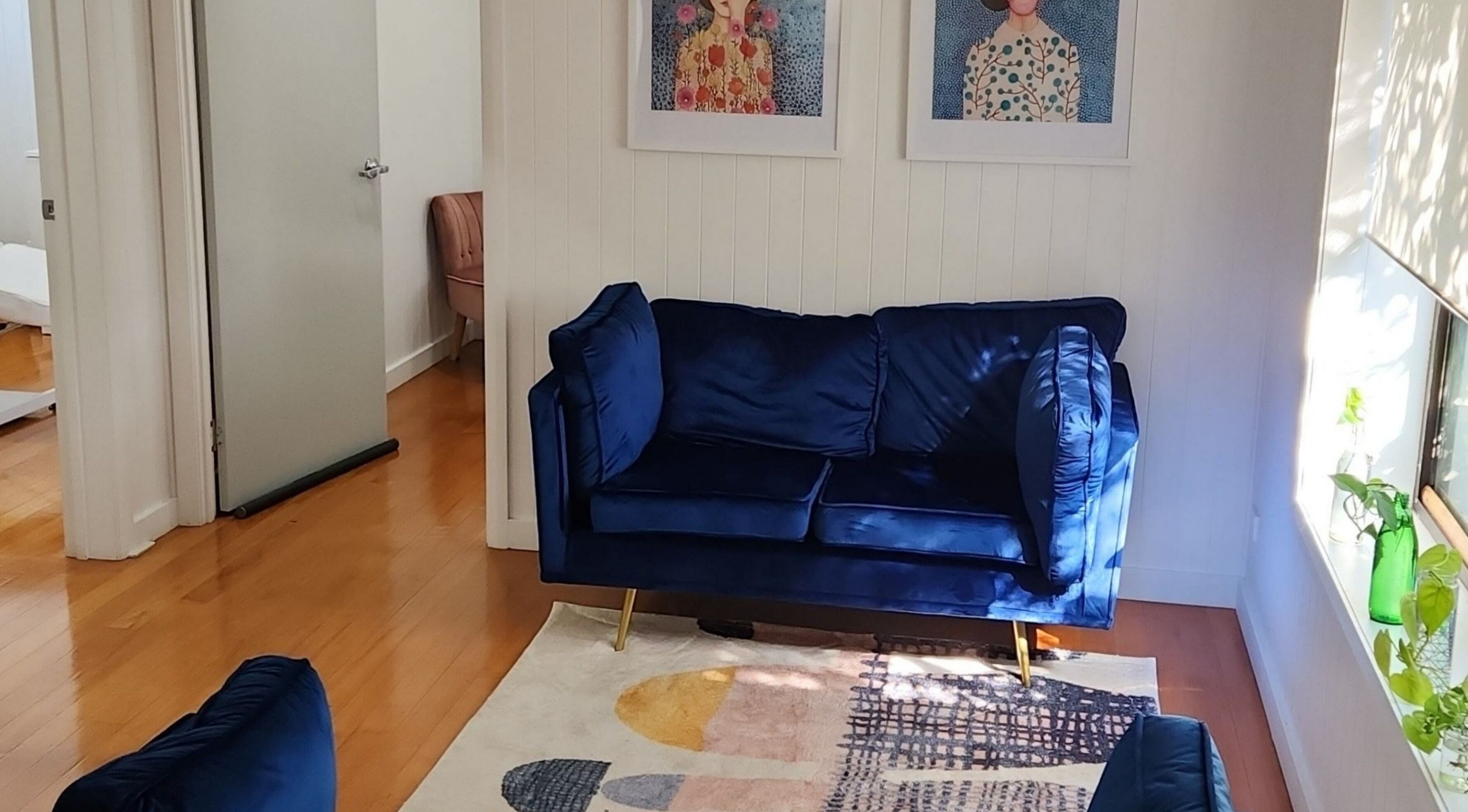 Comfortable blue velvet seating at The Aesthetic Studio Toowoomba, Toowoomba, Queensland, AU.