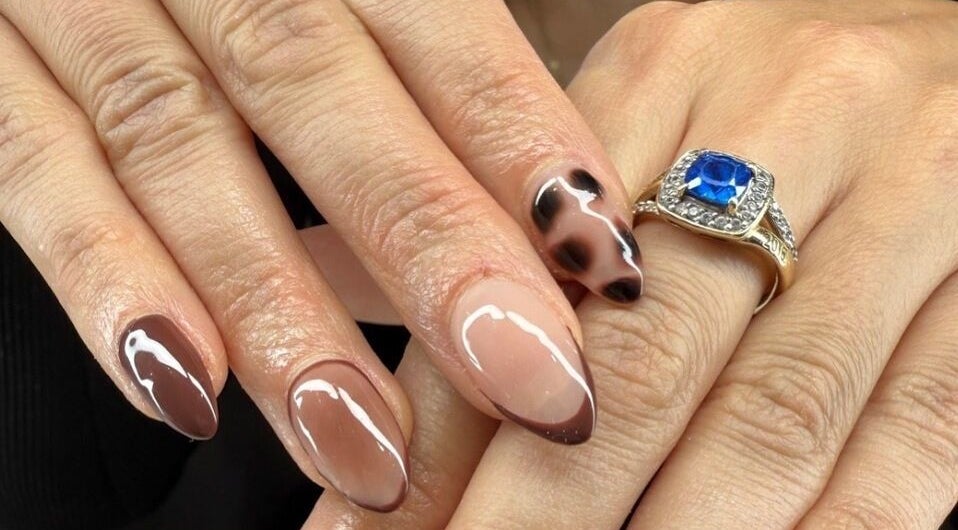 Elegant brown nail art at Polished Nail and Brow Lounge, Dunedin, Florida, US.