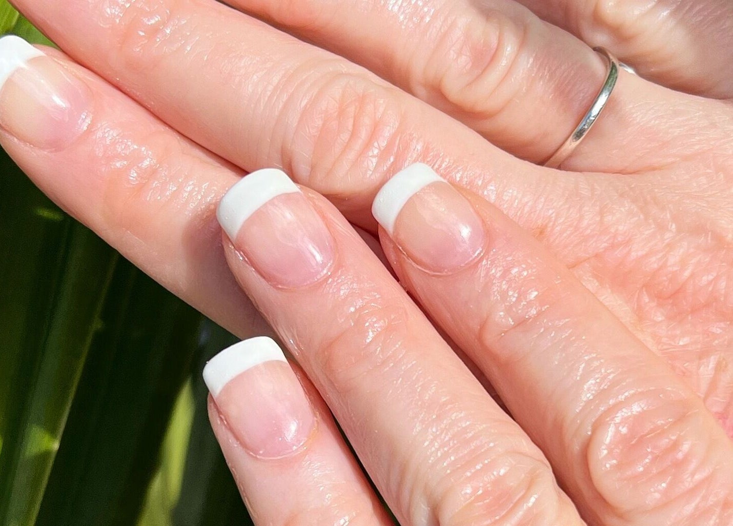 Close-up of French manicure at Polished Nail and Brow Lounge, Dunedin, Florida, USA.