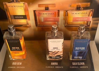 Perfumes Yodeyma expostos na Carla Lacerda Setúbal, Setúbal, PT, destacando fragrâncias luxuosas.