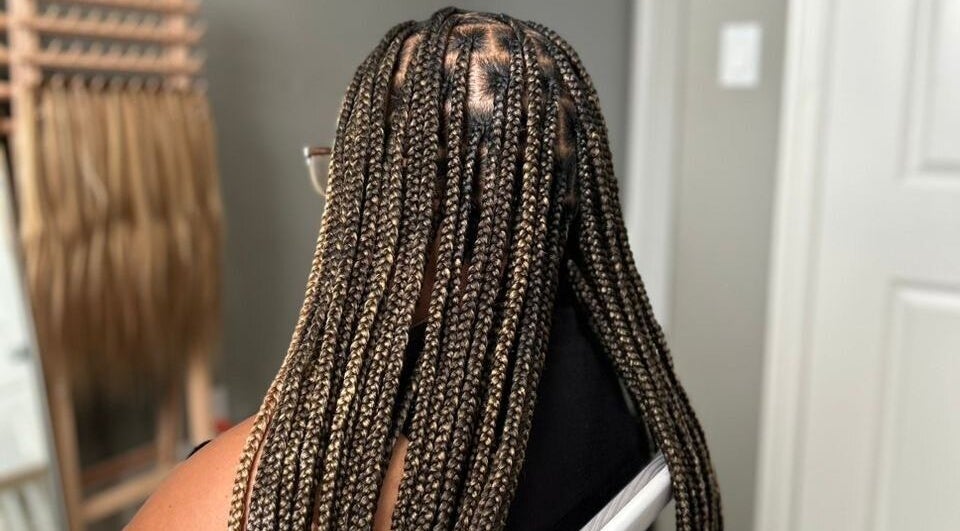 Braided hairstyle at D’lene Hair, Thorold, Ontario, CA, showcasing intricate and stylish hair braiding.