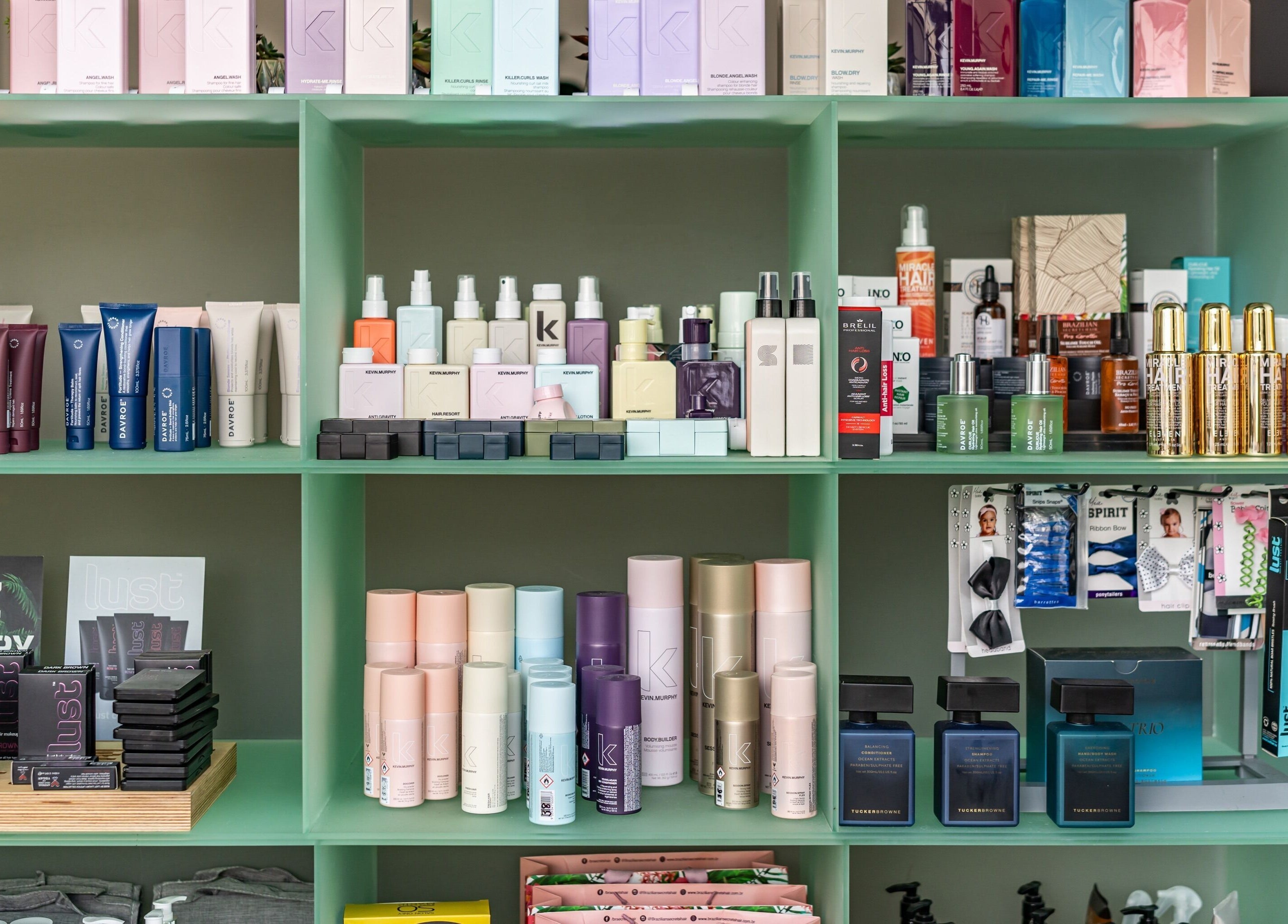 Diverse range of beauty products on shelves at The Colour Bar, Auckland, Auckland, NZ.